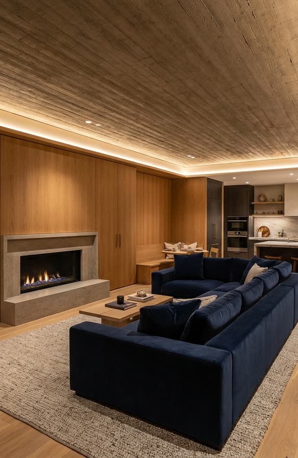 Finished living area of a family bunker with navy sofa and warm oak paneling
